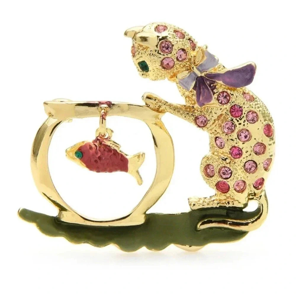 Charming Kitty at Fishbowl Brooch Pin with Red Rhinestones Cute Animal Jewelry G